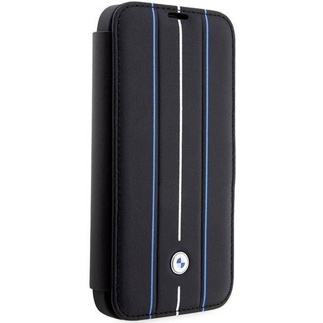 Original Case IPHONE 14 PRO BMW Bookcase Leather Stamp Blue Lines (BMBKP14L22RVSK) black