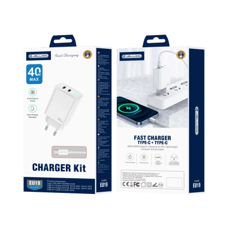 JELLICO ładowarka sieciowa EU19 GaN PD 40W 2xUSB-C + kabel USB-C - USB-C Biały