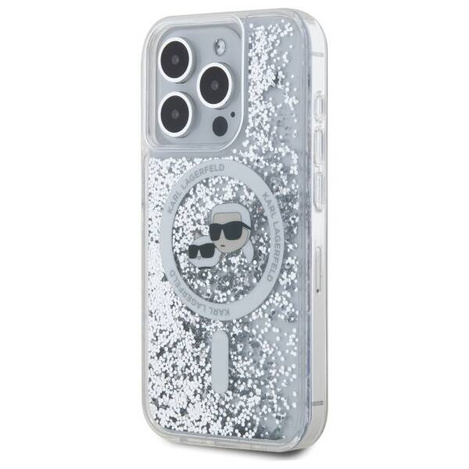 Oryginalne Etui IPHONE 15 PRO Karl Lagerfeld Hardcase Liquid Glitter Karl&Choupette Head MagSafe (KLHMP15LLGKCSGH) transparentne