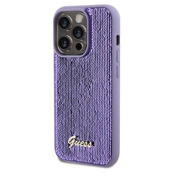 Guess Pailletten-Schriftzug-Metallgehäuse für iPhone 14 Pro Max – Lila