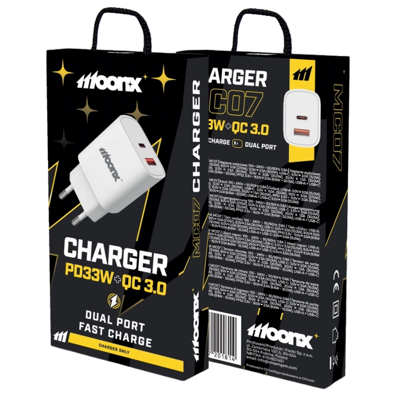 MOONX ładowarka sieciowa MC07 PD 33W 1xUSB-C + 1xUSB QC3.0 Biały