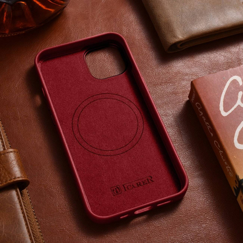 iCarer Case Leather genuine leather case cover for iPhone 14 Plus red (MagSafe compatible)