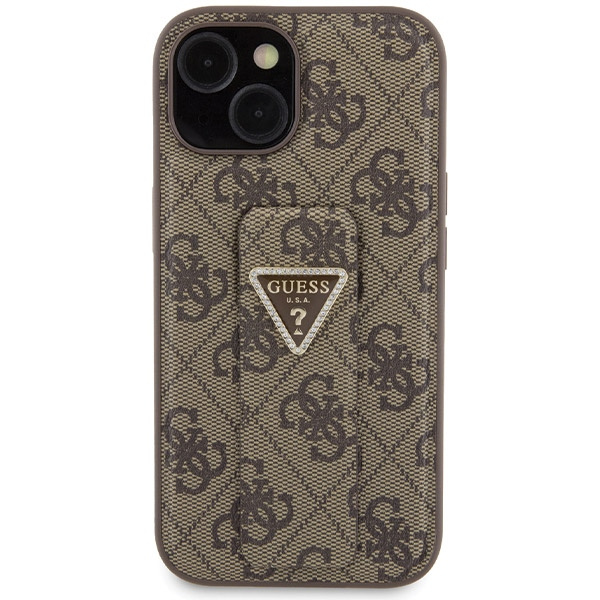 Guess Grip Stand 4G Triangle Strass Hülle für iPhone 15 – braun