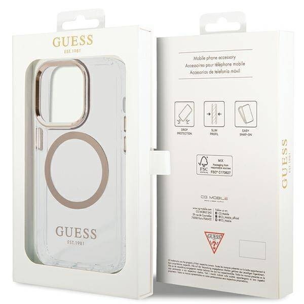 Oryginalne Etui IPHONE 15 PRO MAX Guess Hard Case Metal Outline Magsafe złote
