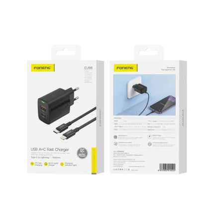FONENG Netz-Ladegerät EU66 PD 20W 1xUSB-C + 1xUSB QC3.0 + Kabel USB-C - Lightning schwarz