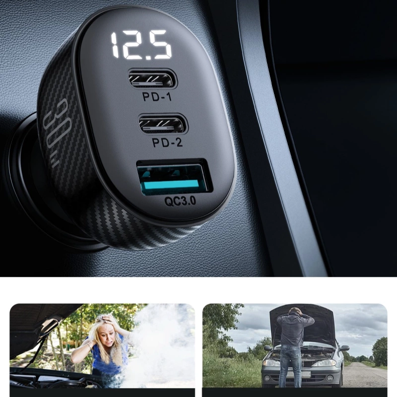 Joyroom JR-CCD04 30W 2x USB-C USB-A Autoladegerät mit Display - Schwarz