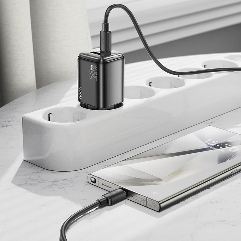 Ładowarka sieciowa do telefonu Hoco USB A + USB C QC3.0 PD 3A 20W + kabel USB C do USB C N34 transparentna