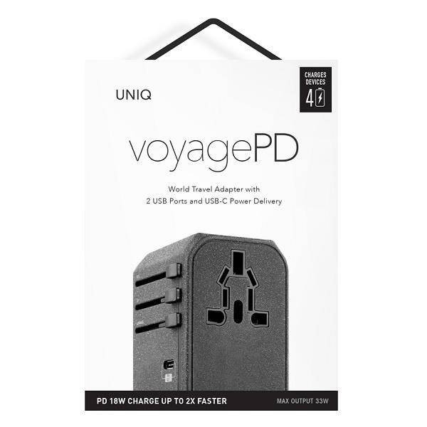 Uniq -Last. Netzwerk. Voyage World Adapter 33W + 2xUSB + PD 18W + QC 3.0 grau/anthrazit (LITHOS Collective)