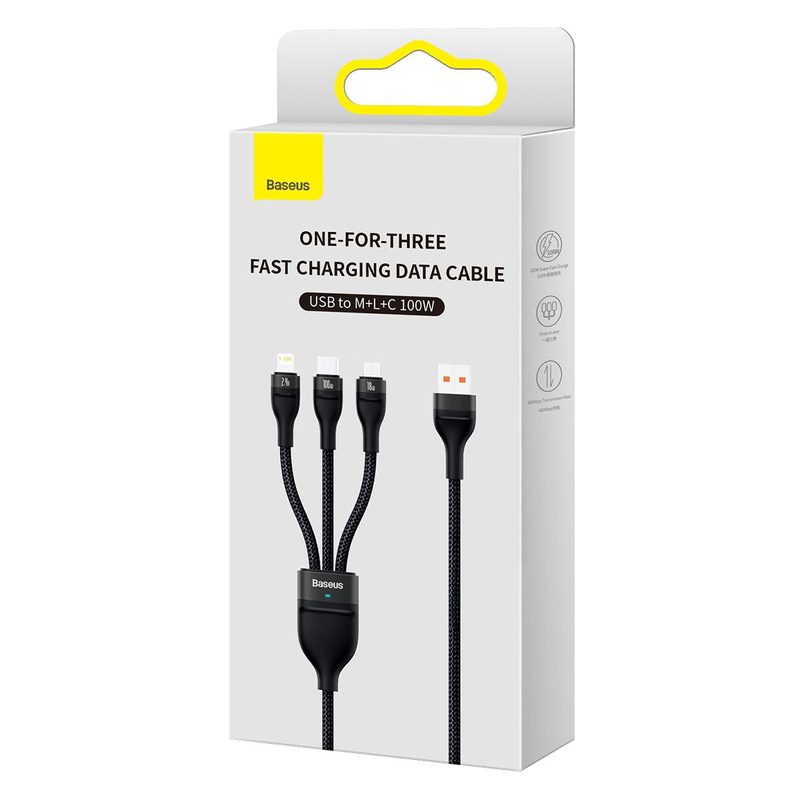 Baseus Flash Series Ⅱ One-for-three Fast Charging Data Cable USB to M+L+C 100W 1.2m Black