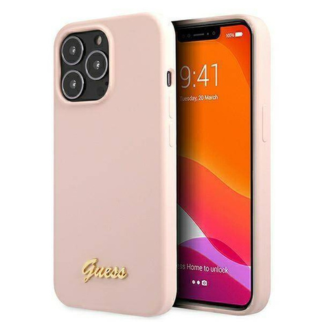 Guess GUHMP13XLSLMGLP iPhone 13 Pro Max 6,7 &quot;Hellrosa / Hellrosa Hardcase Silikonschrift Gold Logo Magsafe