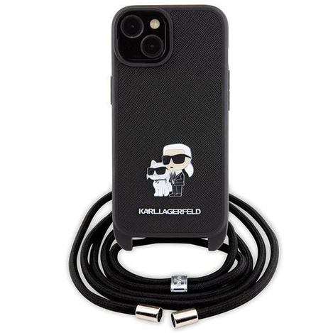 Karl Lagerfeld Crossbody Saffiano Metal Pin Karl &amp; Choupette Hülle für iPhone 15 – Schwarz