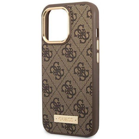 Original Handyhülle IPHONE 14 PRO Guess Hard Case 4G Logo Plate MagSafe (GUHMP14LU4GPRW) braun
