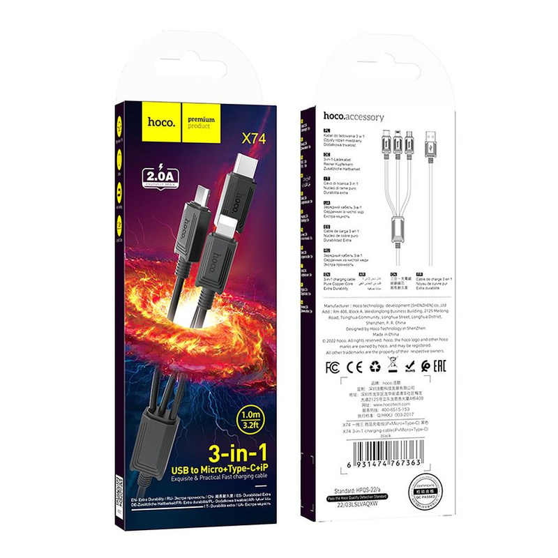 HOCO kabel 3w1 USB A do Lightning / Micro USB / Typ C 2A X74 1 m czarny