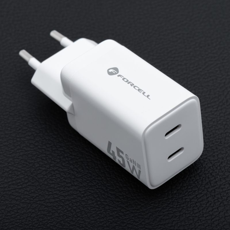 Ładowarka sieciowa do telefonu Forcell F-Energy Mini GaN III 2 x USB C PD QC4.0 45W VT-36B biała