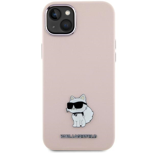 Karl Lagerfeld Silikon Choupette Metall Pin Hülle für iPhone 15 Plus / 14 Plus – Rosa