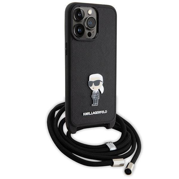 Karl Lagerfeld Umhängetasche mit Saffiano-Monogramm und Metallnadel, Karl &amp; Choupette-Hülle für iPhone 15 Pro Max – Schwarz
