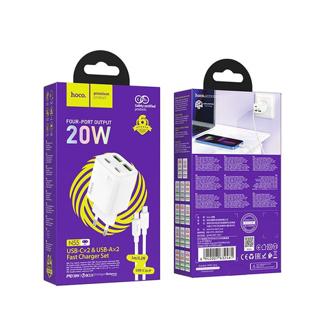 Ładowarka sieciowa do telefonu Hoco 2 x USB C + 2 x USB A QC3.0 PD 3A 20W + kabel USB C do Lightning N55 biała