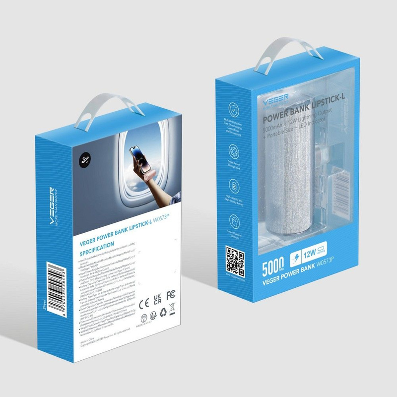 VEGER powerbank 5000 mAh z wbudowanym złączem Lightning PD QC3.0 2,4A 12W PlugOn (W0573P) srebrny