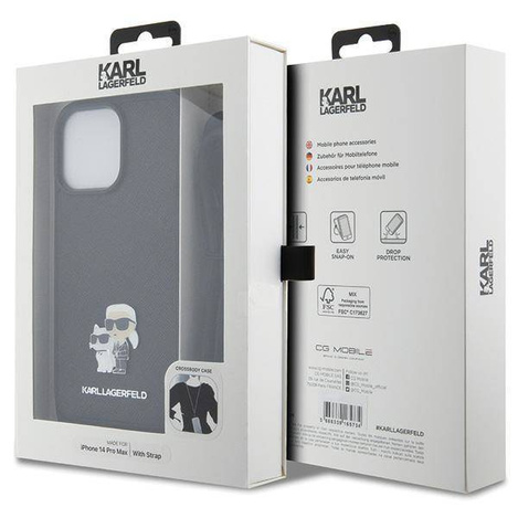 Original Case IPHONE 14 PRO MAX Karl Lagerfeld Hardcase Crossbody Saffiano Metal Pin Karl & Choupette (KLHCP14XSAKCPSK) black