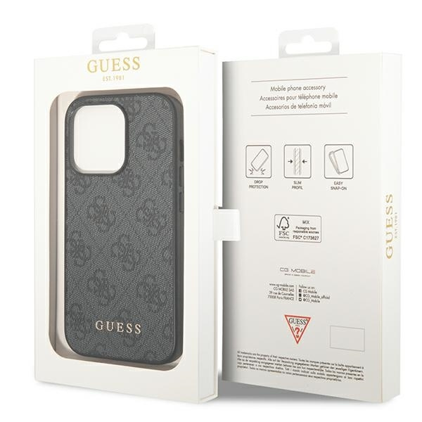 Guess GUHCP14LG4GFGR iPhone 14 Pro 6.1 &quot;Grau / Graues Hartschalenetui 4G Metal Gold Logo