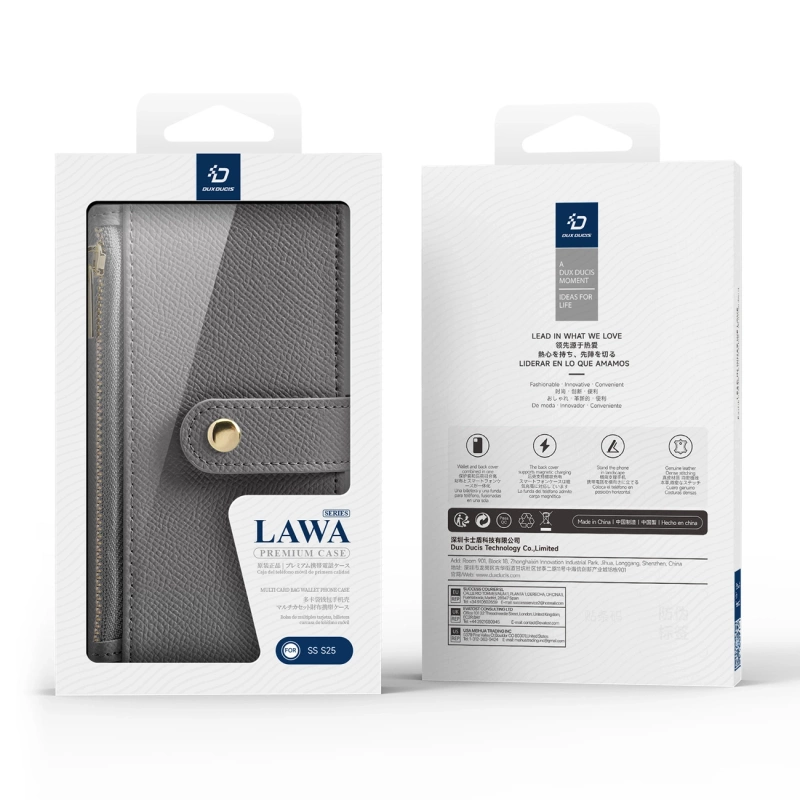 Etui skórzane Dux Ducis Lawa na Samsung Galaxy S25 z odłączanym portfelem magnetycznym - szare