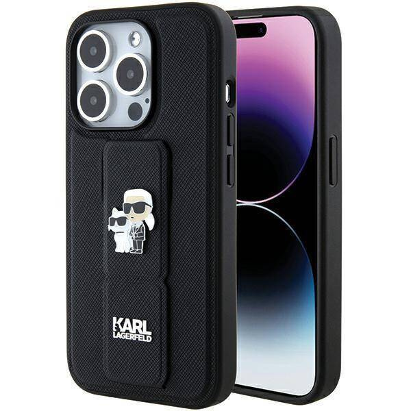 Karl Lagerfeld Gripstand Saffiano Karl&Choupette Pins Hülle für iPhone 15 Pro Max – Schwarz