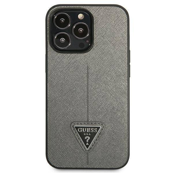 Original Handyhülle IPHONE 14 PRO MAX Guess Hardcase Saffianotriangle Logo (GUHCP14XPSATLG) silber