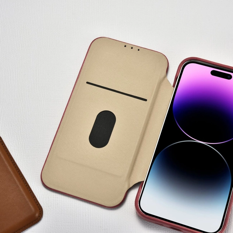 iCarer CE Premium Leather Folio Case skórzane etui iPhone 14 Pro z klapką magnetyczne MagSafe czerwony (WMI14220714-RD)