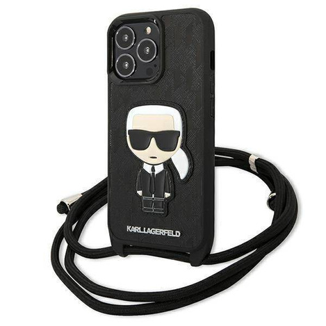 Original Handyhülle IPHONE 13 PRO Karl Lagerfeld Hardcase Leather Monogram Patch And Cord Iconik (KLHCP13LCMNIPK) schwarz