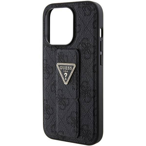 Guess Grip Stand 4G Triangle Strass Hülle für iPhone 15 Pro Max - Schwarz