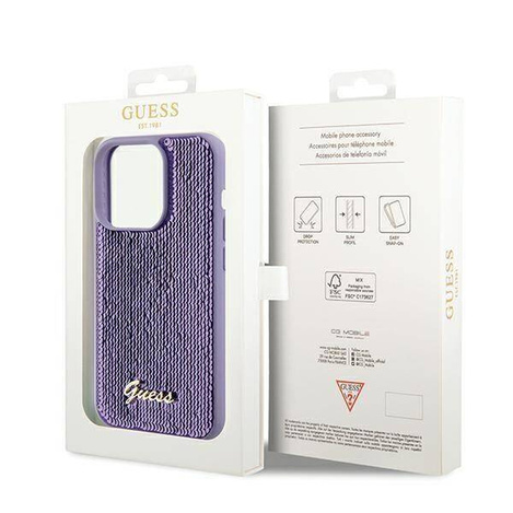 Guess Pailletten-Schriftzug-Metallgehäuse für iPhone 14 Pro Max – Lila
