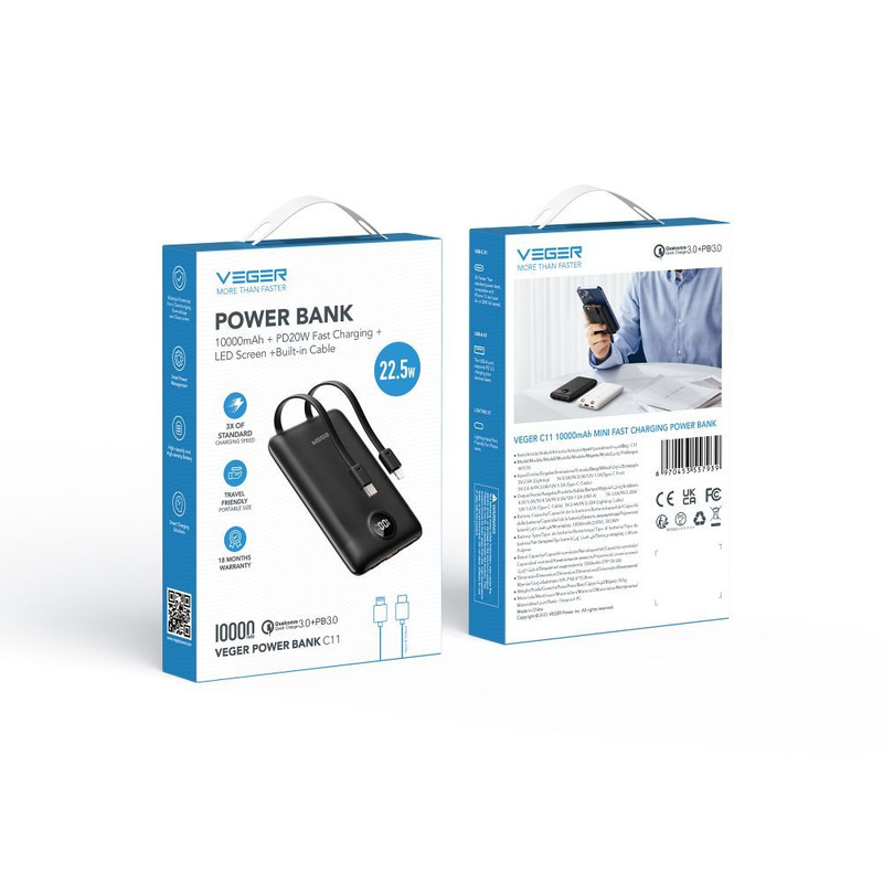 Bateria zewnętrzna (Powerbank) VEGER C11 BEST - 10 000mAh LCD z kablem Typ C + Apple Lightning 8-pin QC3.0 PD 22,5W (W1170)