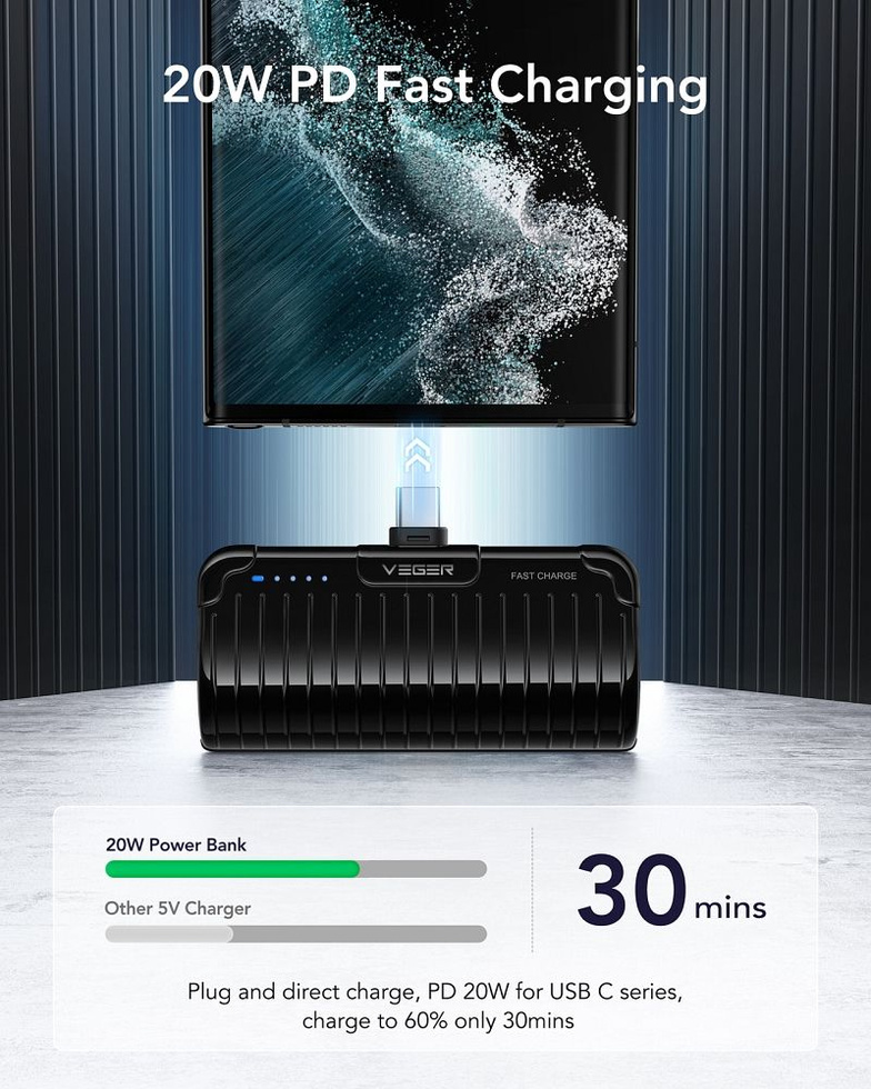 VEGER powerbank 5000 mAh z wbudowanym złączem Typ C PlugOn PD QC3.0 3A 20W W0558 czarny