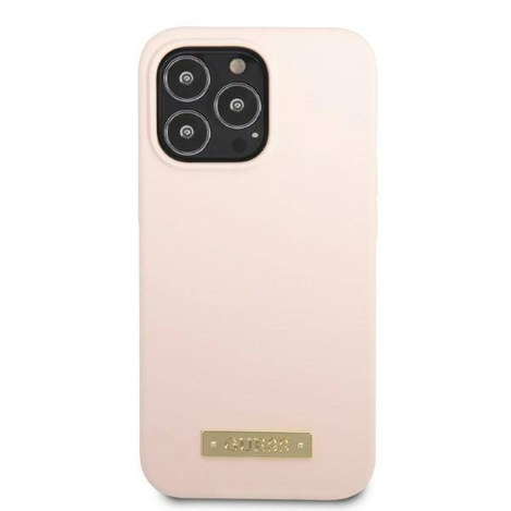 Original Handyhülle IPHONE 13 PRO Guess Hard Case Silicone Logo Plate MagSafe (GUHMP13LSPLP) rosa