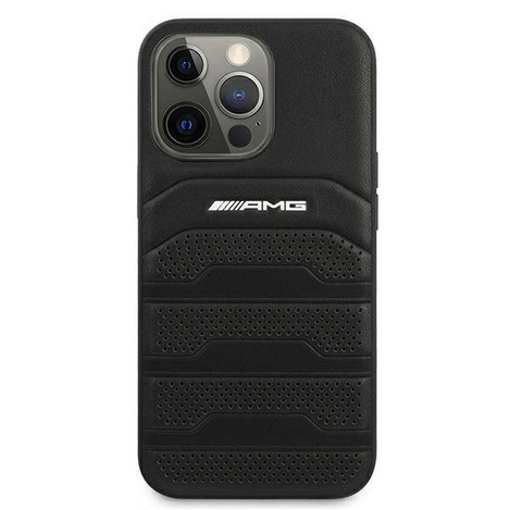 AMG nakładka do iPhone 13 6,1" AMHCP13LGSEBK czarna HC Leather Debossed Lines White Logo