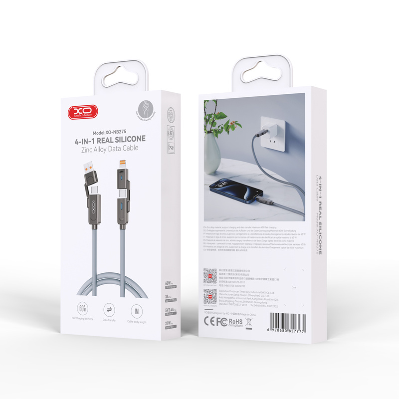 XO kabel NB275 4w1 USB-C - Lightning + USB + USB-C 60W 1,0m szary