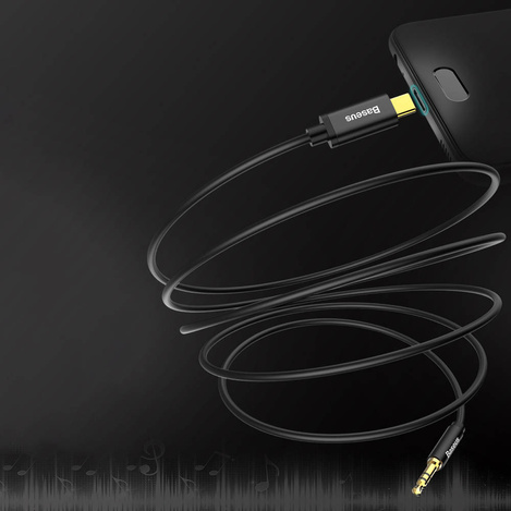 Baseus kabel audio stereo przejścióka AUX 3,5 mm mini jack - USB Typ C do telefonu tabletu 120cm czarny (CAM01-01)