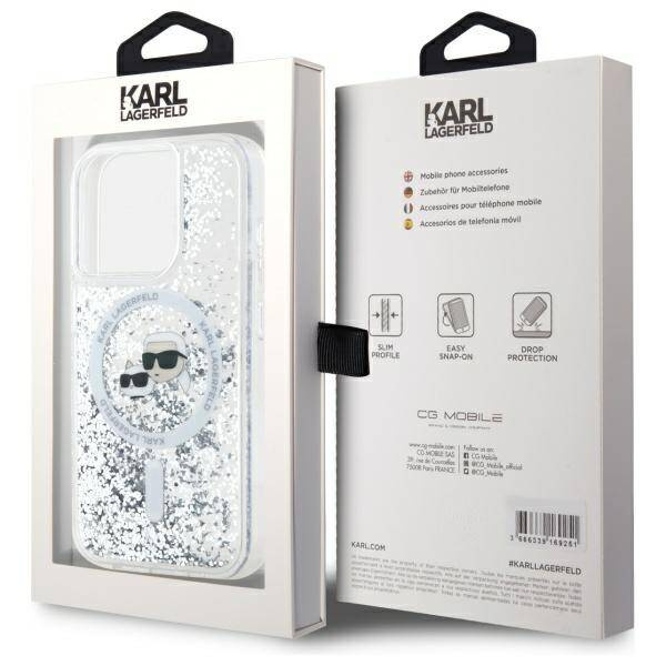 Original Handyhülle IPHONE 15 PRO MAX Karl Lagerfeld Hardcase Liquid Glitter Karl&Choupette Head MagSafe (KLHMP15XLGKCSGH) transparent