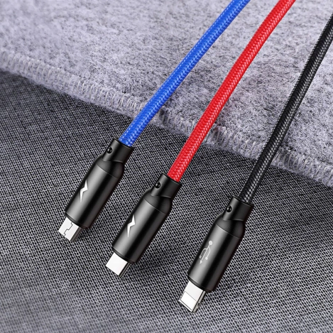 Baseus Three Primary Colors kabel 3w1 USB - micro USB / Lightning / USB-C w nylonowym oplocie 3.5A 1,2M czarny (CAMLT-BSY01)