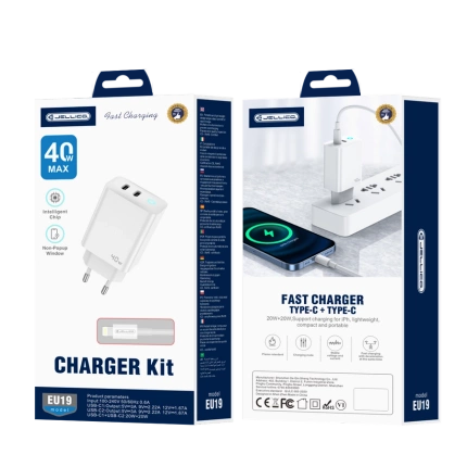 JELLICO Netz-Ladegerät EU19 GaN PD 40W 2xUSB-C + Kabel USB-C - Lightning weiss
