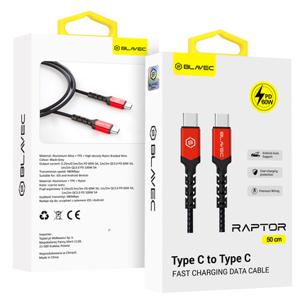Blavec Kabel Raptor pleciony - Typ C na Typ C - PD 60W 3A 0,5 metra (CRA-CC3BR05) czarno-czerwony
