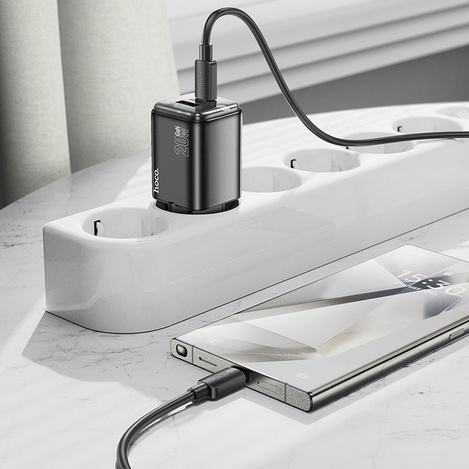 Ładowarka sieciowa do telefonu Hoco USB A + USB C QC3.0 PD 3A 20W + kabel USB C do USB C N34 transparentna