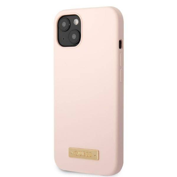 Original Handyhülle IPHONE 13 MINI Guess Hard Case Silicone Logo Plate MagSafe (GUHMP13SSBPLP) rosa