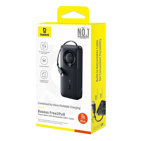 Baseus Free2Pull 10000 mAh 30 W Powerbank mit USB-C-Anschluss und einziehbarem USB-C-Kabel – Schwarz
