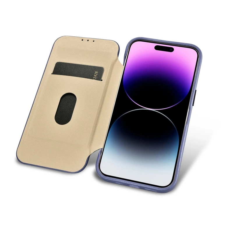 iCarer CE Premium Leather Folio Case skórzane etui iPhone 14 Pro z klapką magnetyczne MagSafe jasnofioletowy (WMI14220714-LP)