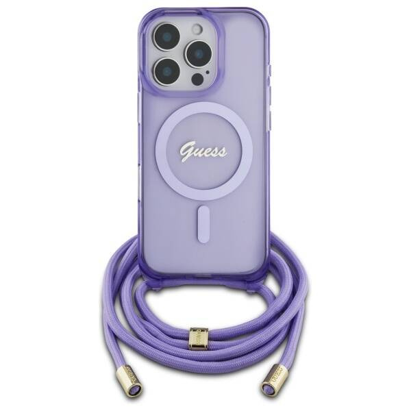 Original Case IPHONE 16 PRO MAX Guess Hardcase Crossbody Cord Script MagSafe (GUHMP16XHCTSGNSU) purple