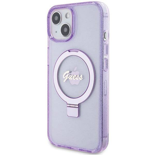 Guess Ring Stand Script Glitter MagSafe case for iPhone 15 Plus / 14 Plus - purple