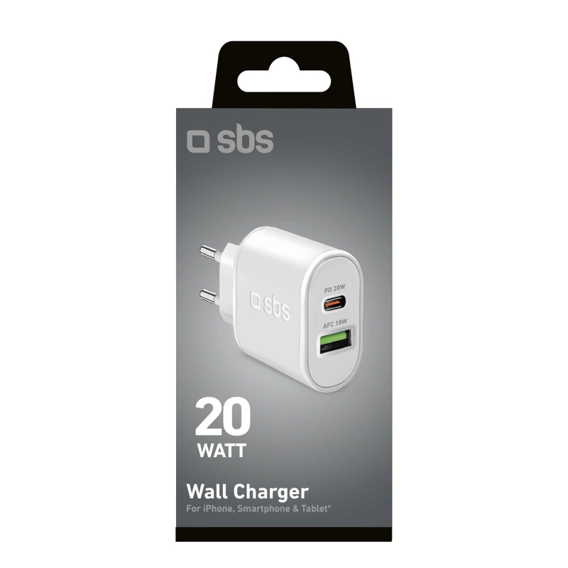SBS TETRPD20W 20W USB-A USB-C Wall Charger with Power Delivery - White