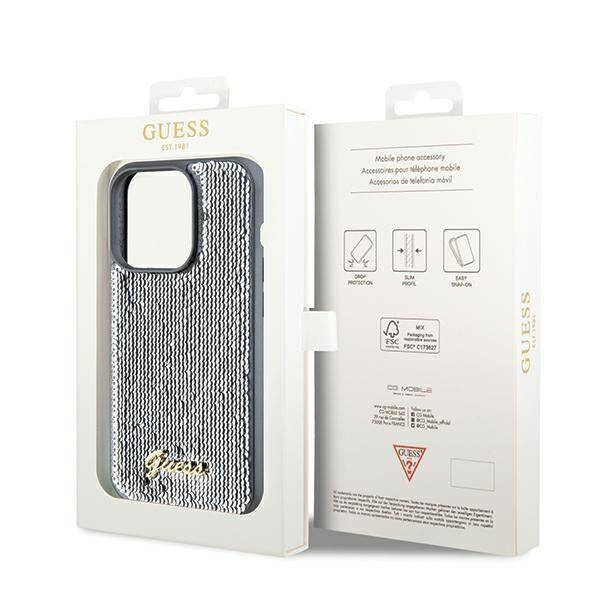 Original Handyhülle IPHONE 14 PRO Guess Hardcase Sequin Script Metal (GUHCP14LPSFDGSS) silber