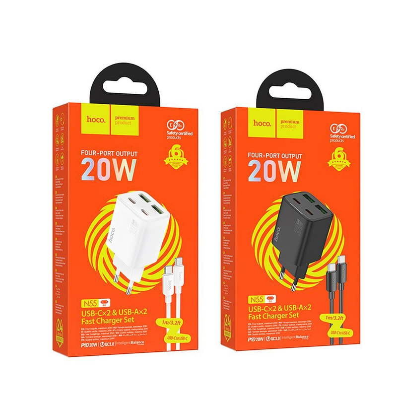Ładowarka sieciowa do telefonu Hoco 2 x USB C + 2 x USB A QC3.0 PD 3A 20W + kabel USB C do USB C N55 biała